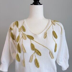 Vintage Franco Valeri White Cotton Sweater 3D Crochet Leaf Appliqué 80s Size L